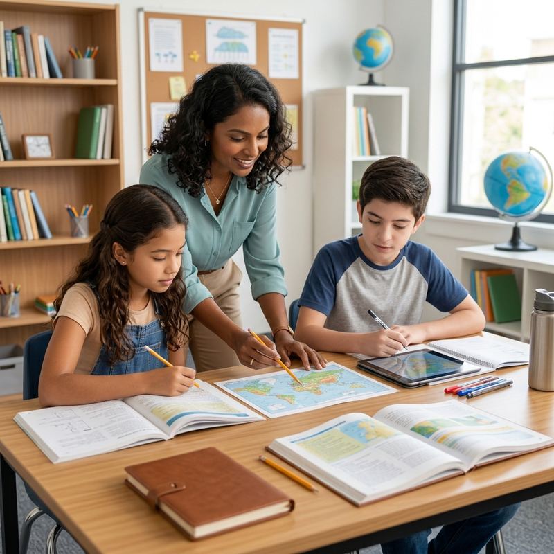 A teacher helping two students with a geography lesson